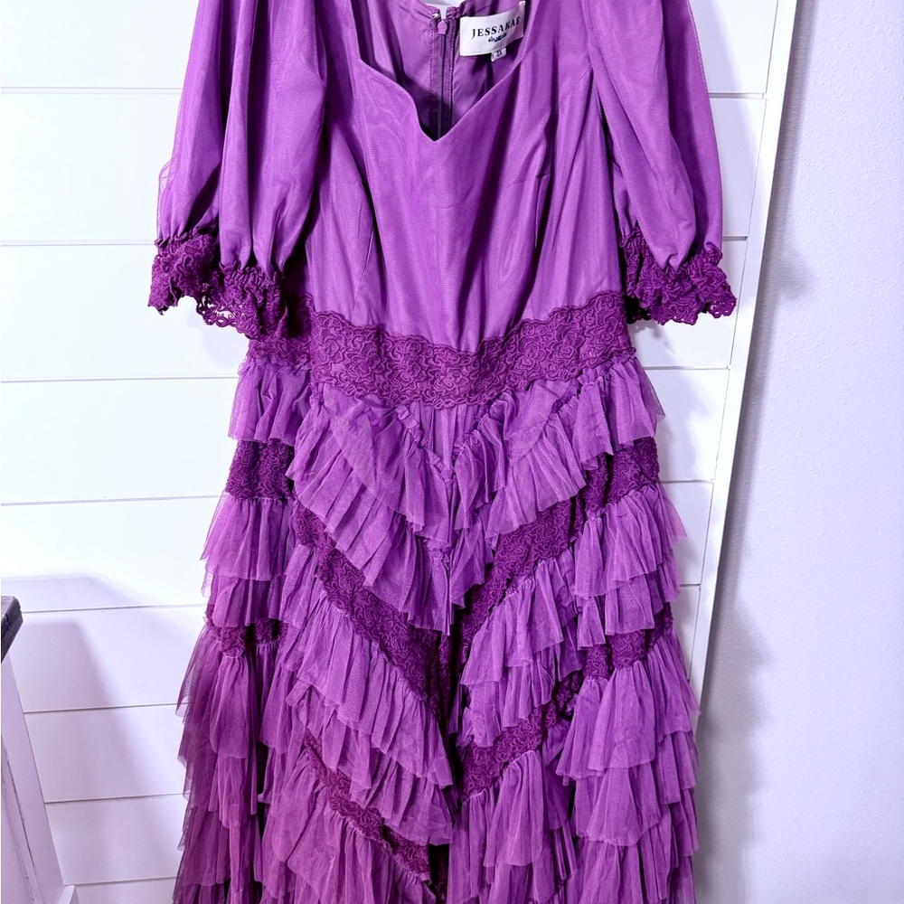 JessaKae Purple Ruffled Tiered Gown with Puff Sleeves